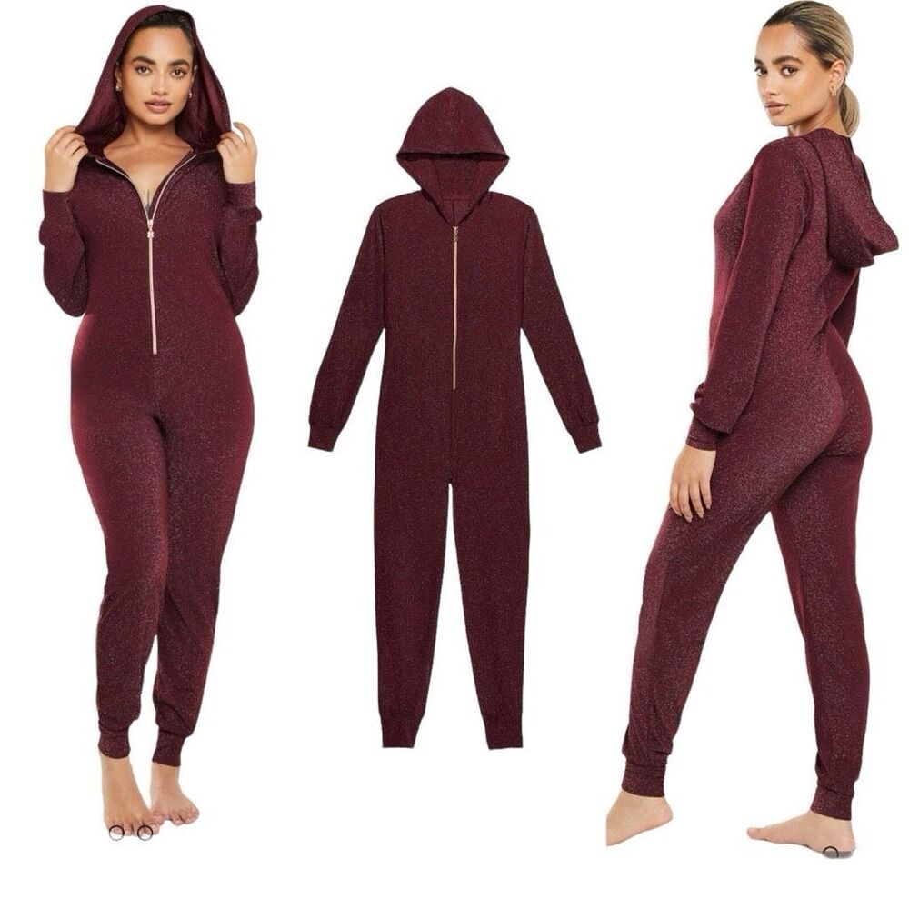 Savage X Fenty Sleep & Shine hooded jumpsuit in burgundy sparkle.